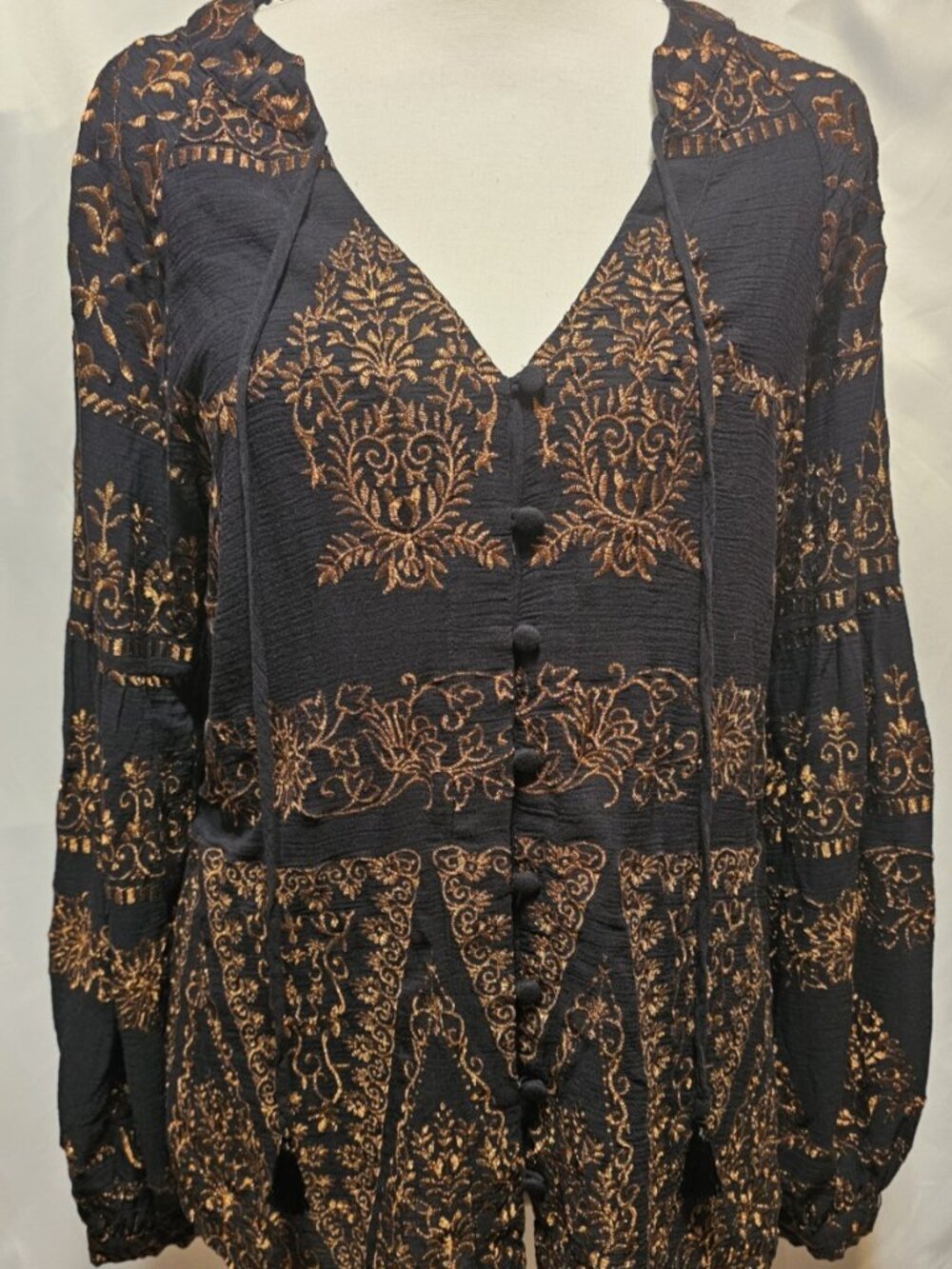 Hale Bob Bohemian Syle Tunic Blouse Peasant Long Sleeve Tassel Size M
